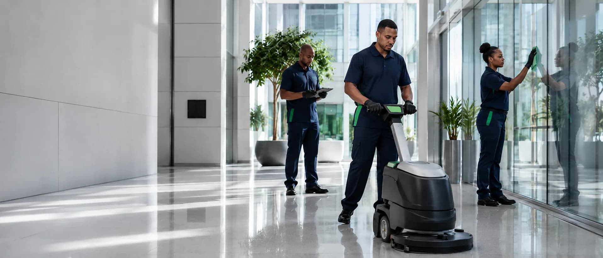 Professional Hygitation cleaning team working in a modern commercial office interior